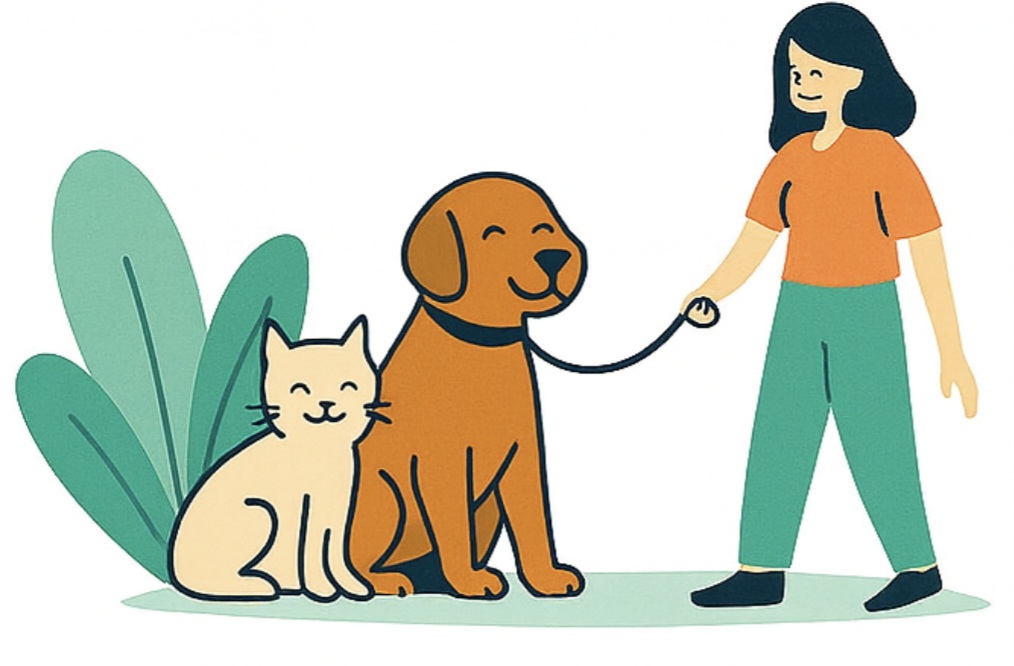 Εικόνα με σκύλο, γάτα και φροντιστή